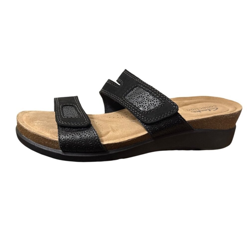 Clarks Calenne Maye Women's Black Leather Wedge Slide Sandals Two Straps Size 11